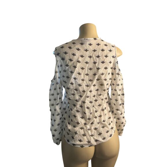 Women US-4 Topshop Cream Bee Print Blouse Shirt Top Faux Wrap Cold Shoulder - Picture 4 of 6